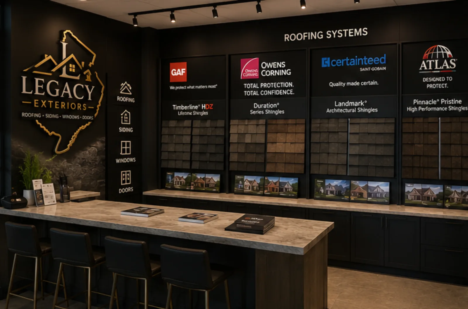 Roofing and siding samples in the Legacy Exteriors showroom